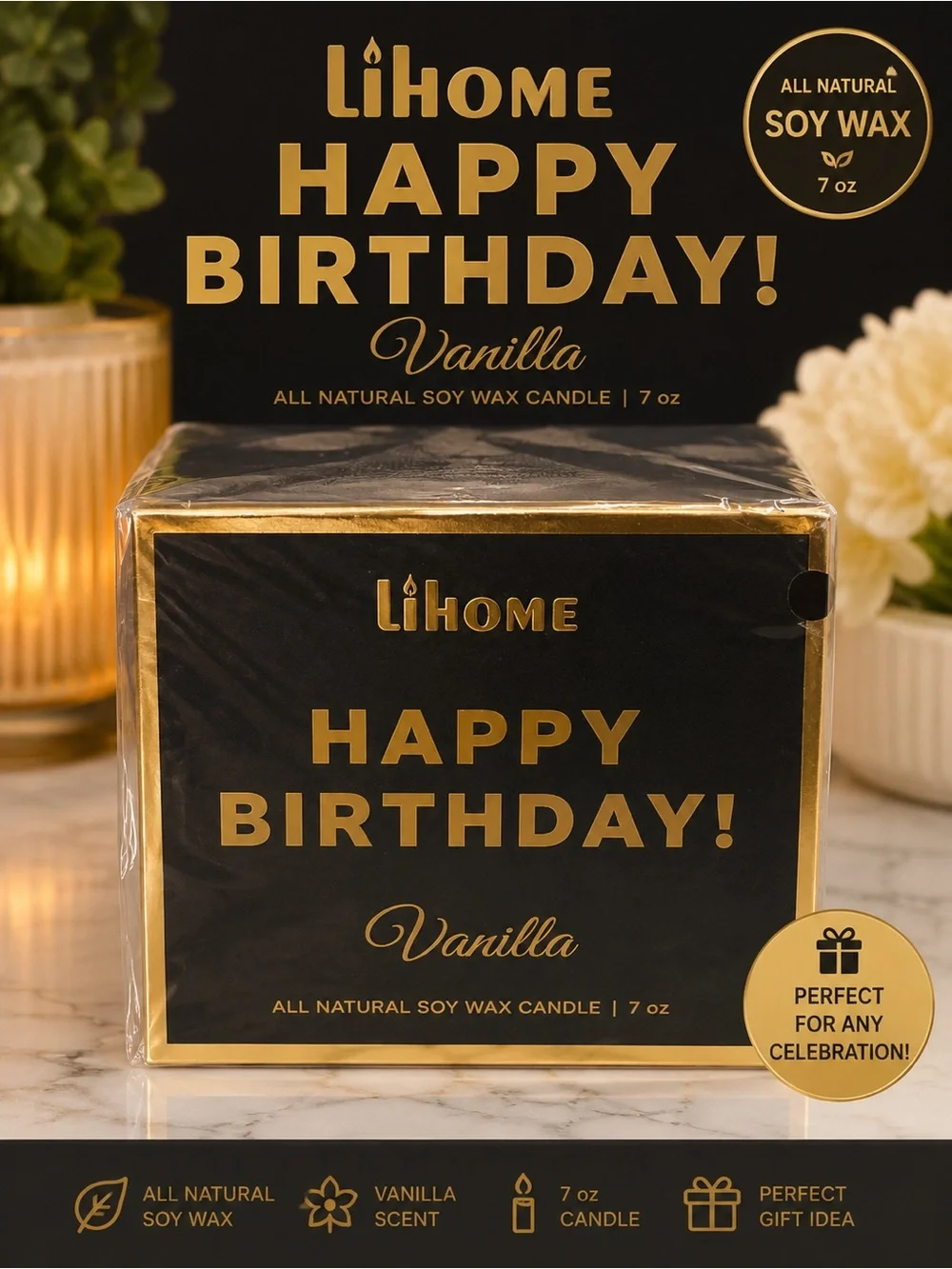 iHome Black & Gold Happy Birthday Vanilla Scented Candle
